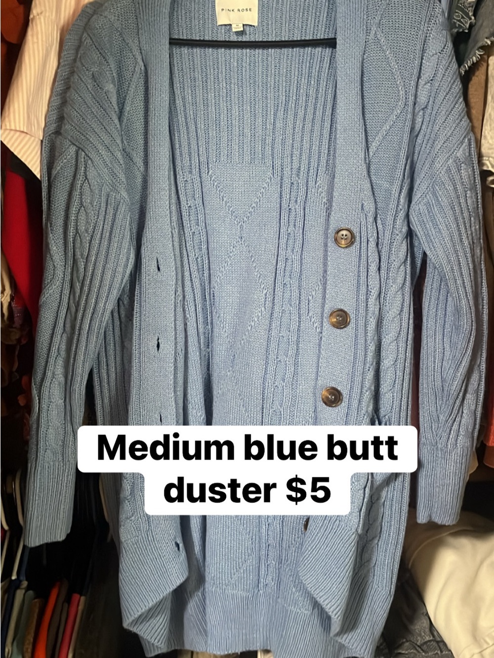 Pink Rose Light Blue Cable-Knit Button Cardigan Duster